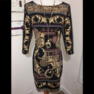 CACHE Elegant Black and Gold Patterned Dress